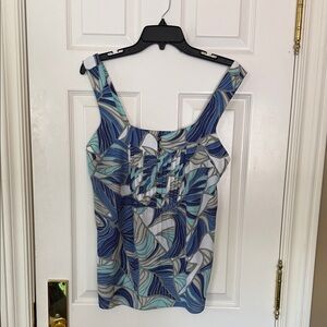 Sleeveless Blue Leaf-Print Tank Top